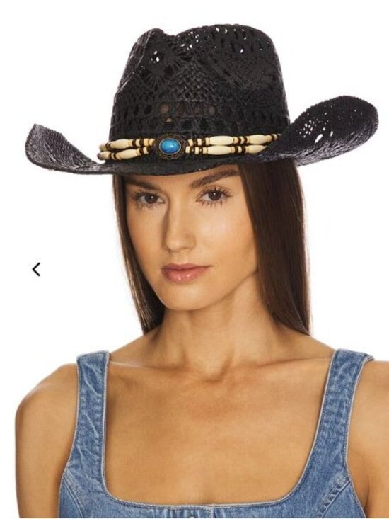 8 Other Reasons Accessories - Black Woven Straw Cowboy Hat With Beaded Band & Turquoise Stone Accent